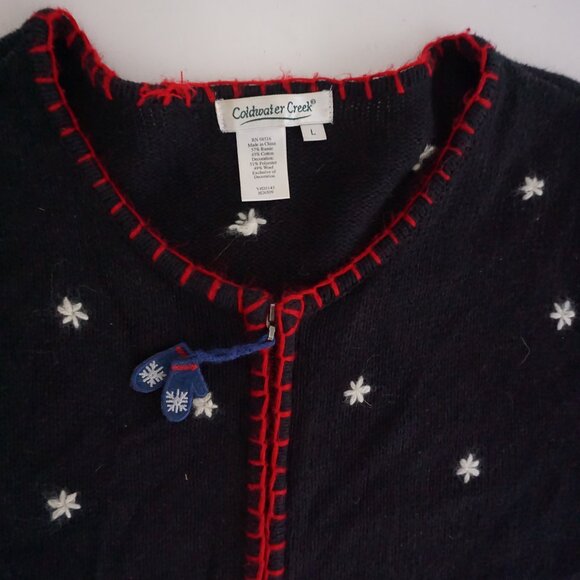 Vintage Coldwater Creek Navy Snowflake Cardigan Festive Holiday Mittens L - Picture 9 of 9